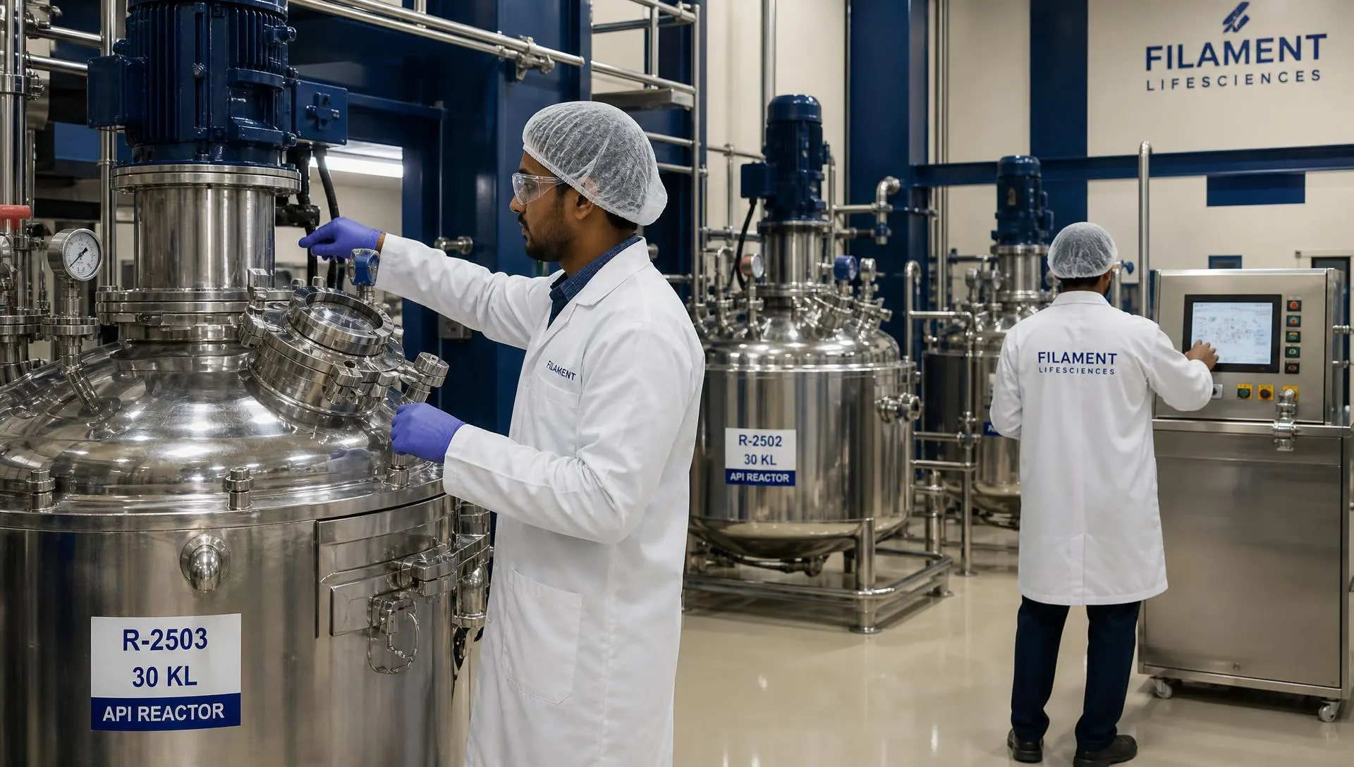 Filament Lifesciences technicians in branded lab coats beside stainless steel API reactors